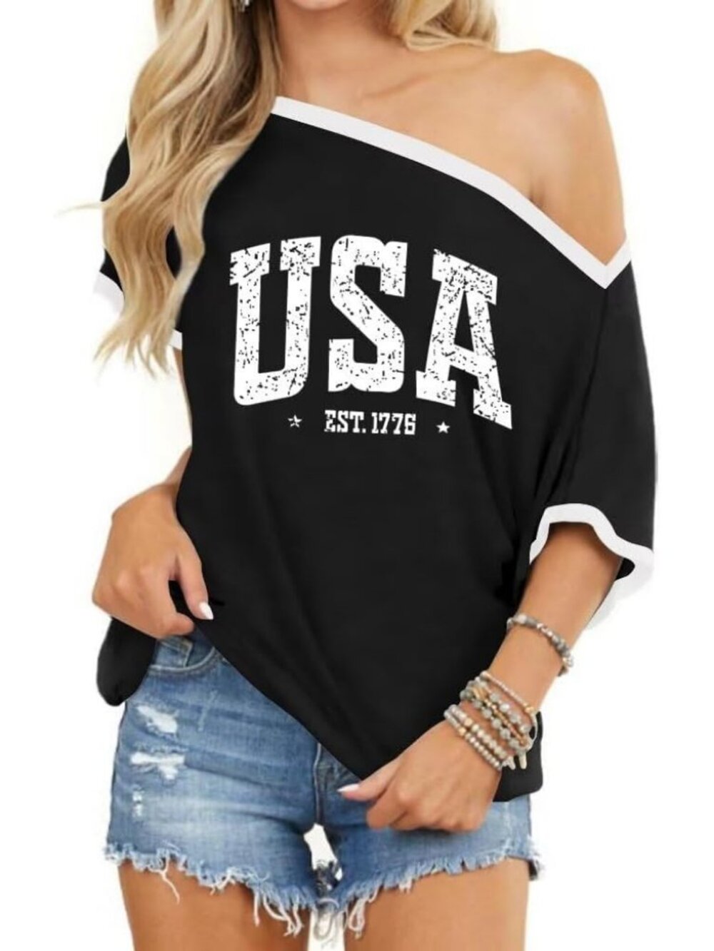Women's Black Usa Off Shoulder Short Sleeve Summer Casual Batwing Tunic Tops